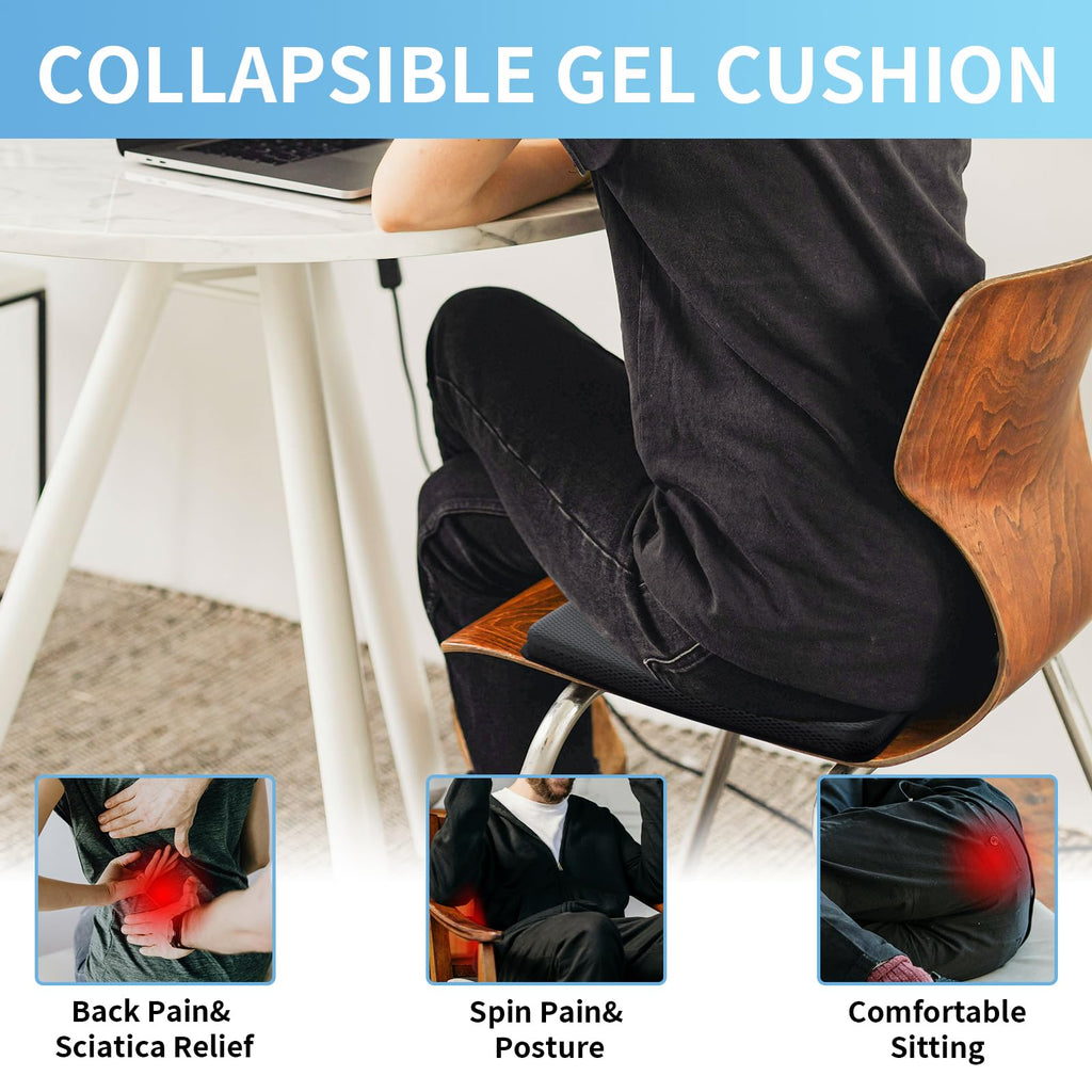 Portable Gel Seat Cushion,15.7'' x 10.6''Foldable Breathable Travel Thick Gel Seat Cushion for Office Chair, Car Seat, Wheelchair,Relief Long Sitting, Travel, Sciatica, Coccyx Pain