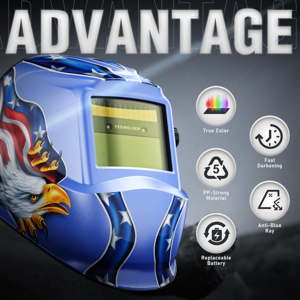 YESWELDER Auto Darkening Welding Helmet, Blue Light Blocking, 1/1/1/1 True Color Solar Powered Welding Hood with 2 Arc Sensors, Wide Shade 3.5/9-13 Welder Mask for TIG MIG ARC and Grind