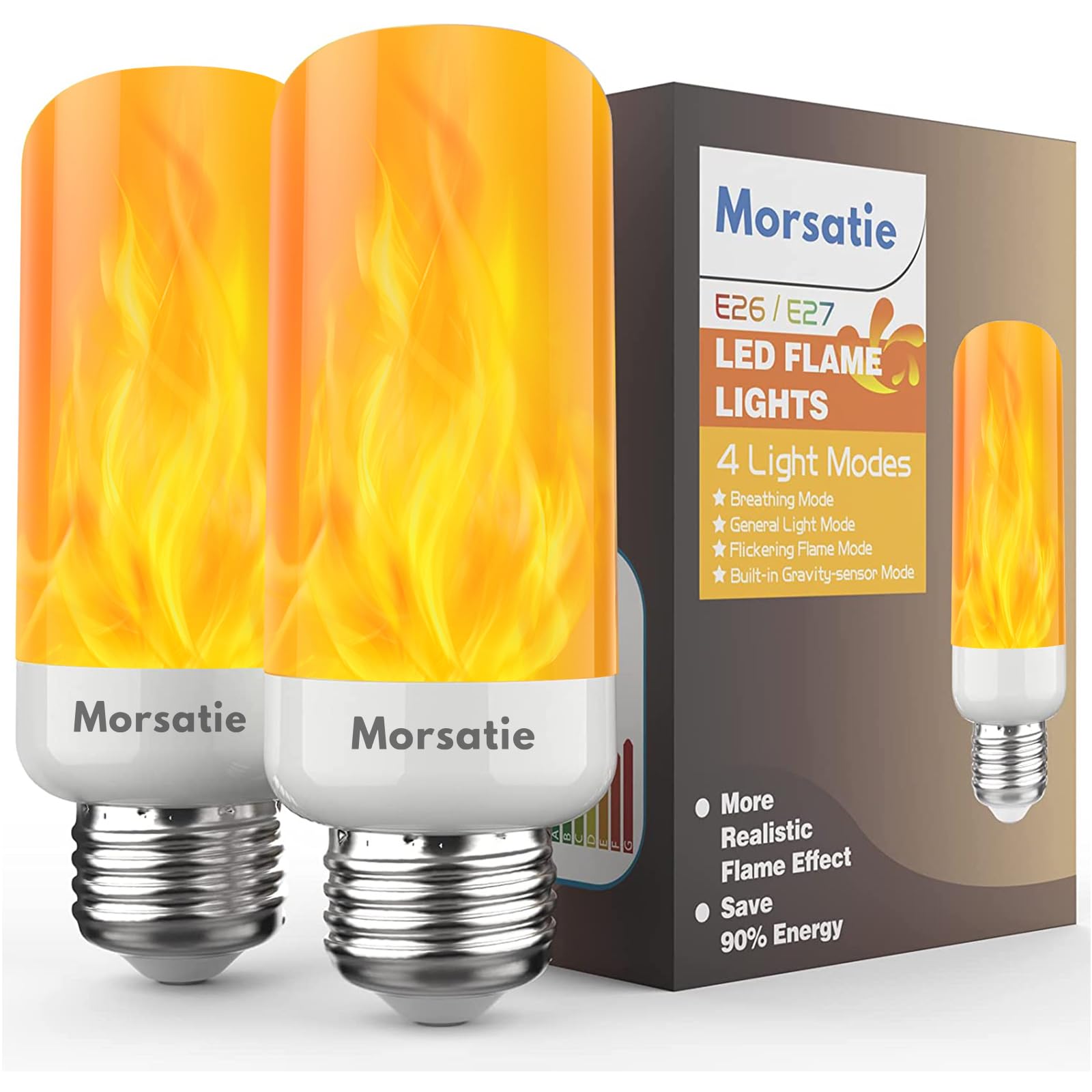【Upgraded】Morsatie LED Flame Light Bulbs, 4 Modes Flickering Light Bulbs with Upside Down Effect, E26/E27 Fire Light Bulb for Halloween, Christmas, Party, Porch, Patio, Indoor Outdoor Decoration-2Pack