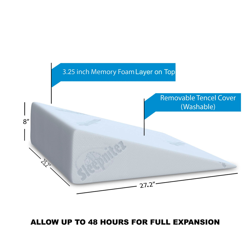 Sleepnitez 8" Bed Wedge Pillow for Sleeping, Luxurious 3.25" Top Layer Memory Foam Wedge Pillow, Acid Reflux Pillow for GERD, Anti Snoring Pillow Wedge for Sleeping Pregnancy Wedge Pillows