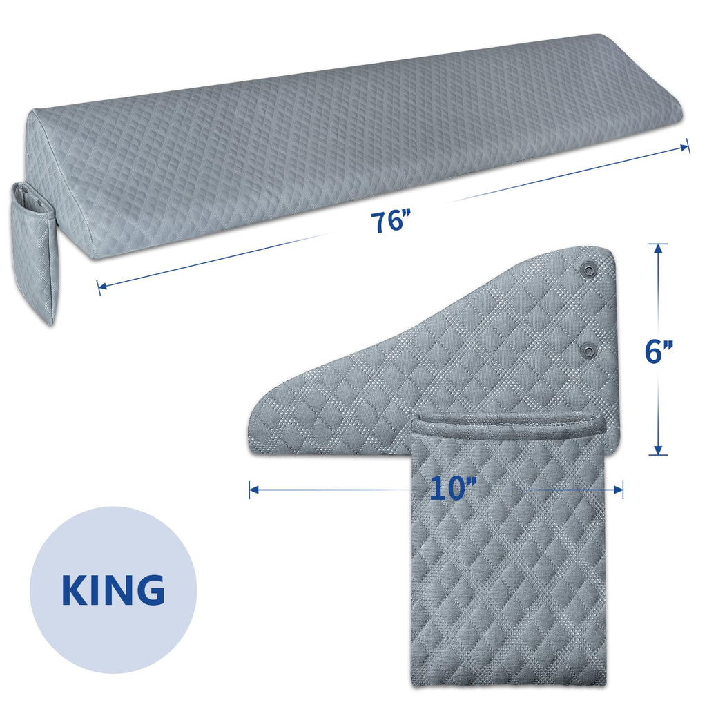 Kayfia King Size Pillow Wedge for Headboard Gap Bed Gap Filller (0-8") Mattress Space Filler Pillow Stopper with 2 Side Pocket Triangle Foam Pillow Wedge Between Headboard Mattress (Grey, 76"x10"x6")