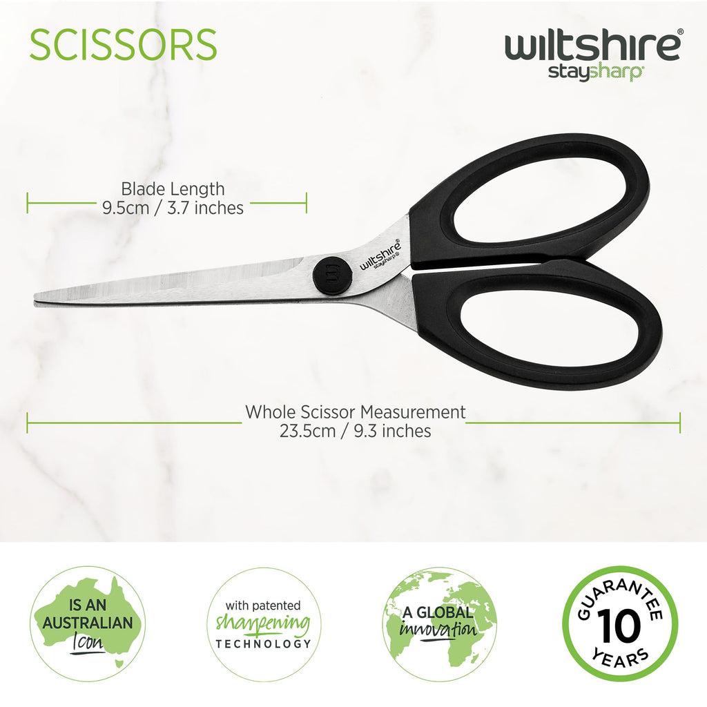 Wiltshire Staysharp Scissors, Kitchen Scissors with Built-in Sharpener, Sharp at All Times, Slim Design Scabbard, Pull-Apart, Soft Touch Handles for Easy Cleaning, Black, 10-Year Guarantee