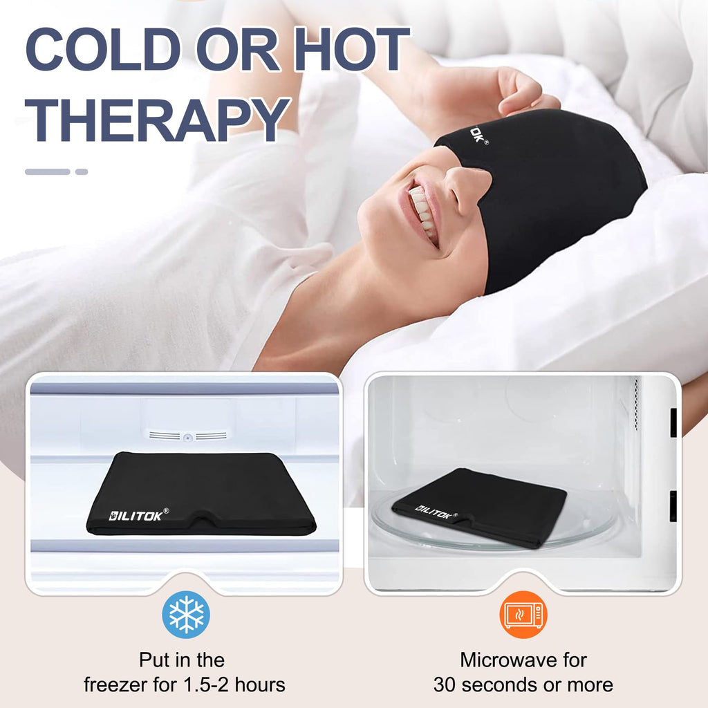 Migraine Relief Gel Ice Head Wrap, Hot and Cold Therapy Headache Relief Hat, Migraine Cap for Puffy Eyes, Headache Eyes Mask for Sinus, Tension and Stress Relief (Black & Blue)