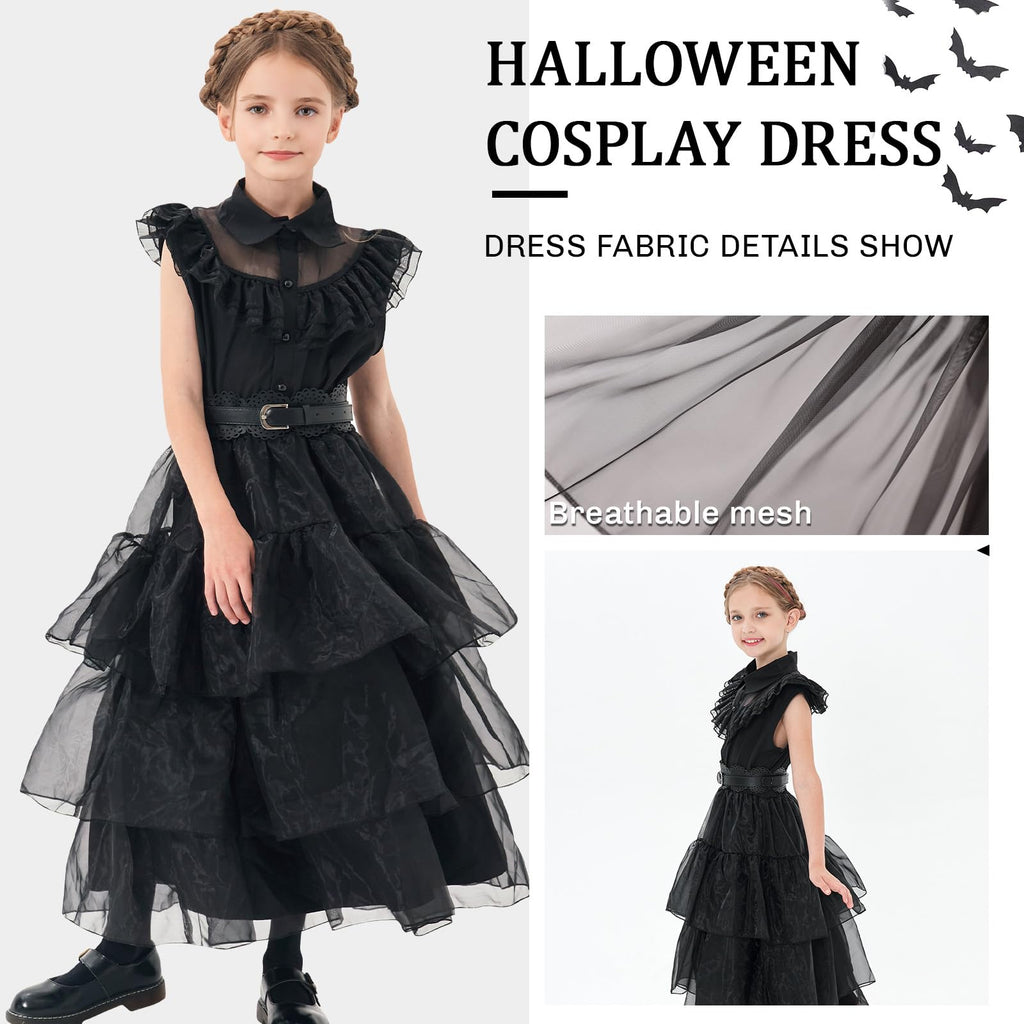 MGparty Black Dress for Girls Halloween Costume Cosplay Party Dress with Headband Belt Socks Accessories for Kids 4-14 Years