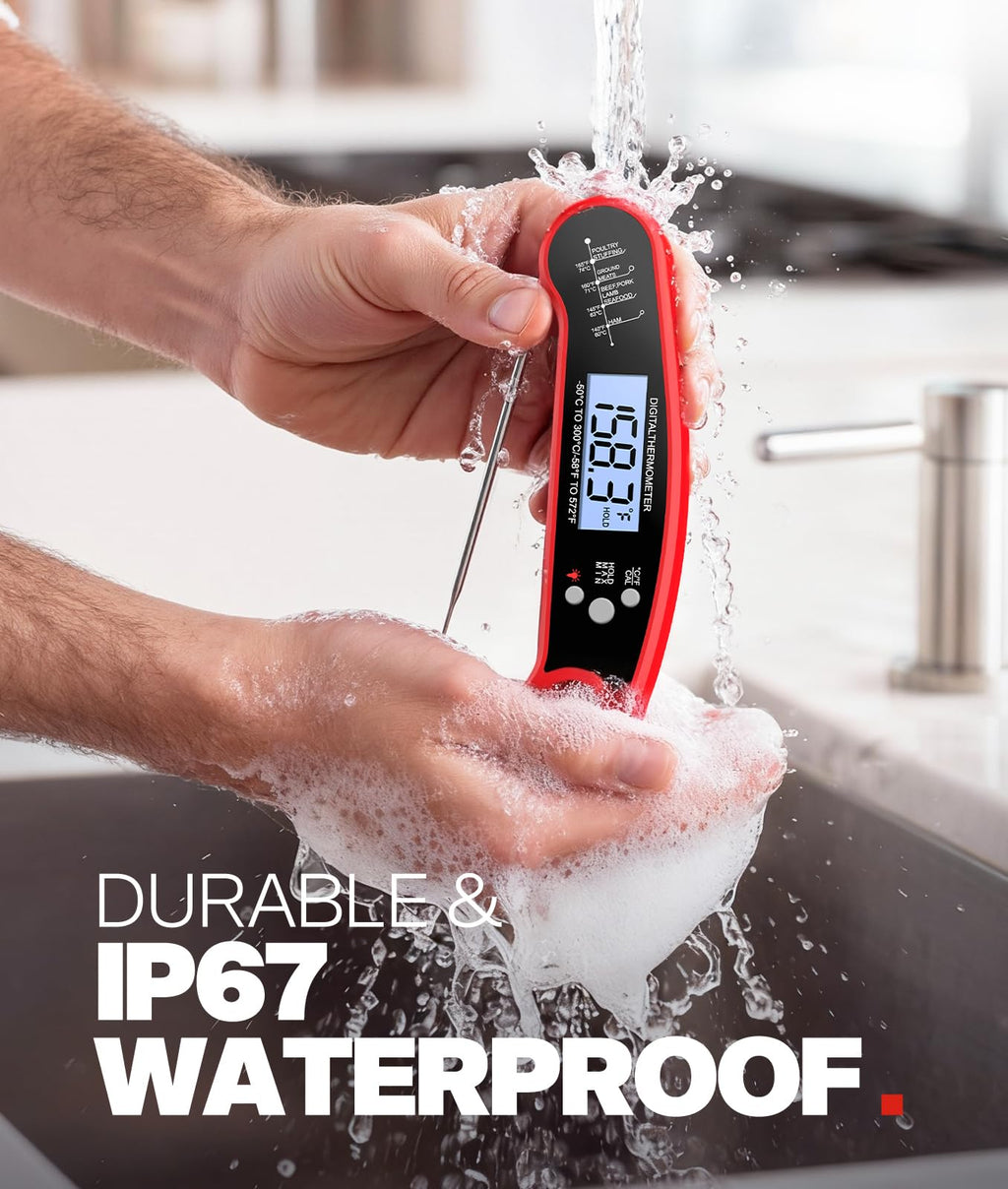 Meat Thermometer Digital – Instant Read Food Thermometer for Grilling, BBQ, Air Fryer, Smoker, Candy Making with Foldable Probe, Kitchen Gadgets, BBQ Essentials, Gift for Dad Men Husband Him, Red
