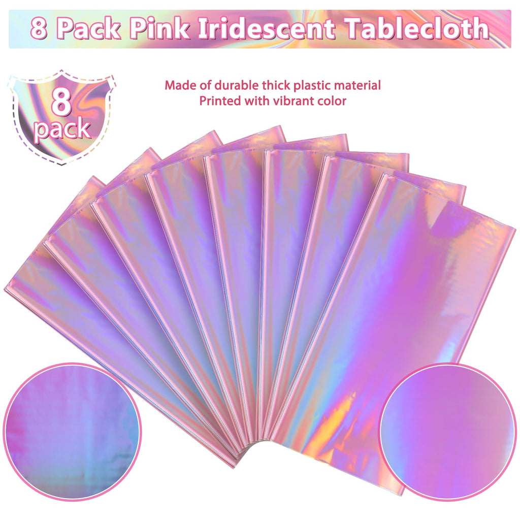 8 Pack Iridescent Pink Plastic Tablecloths, FunnyPars Shiny Disposable Laser Rectangle Table Covers, Holographic Foil Tablecloth Iridescent Party Decorations for Birthday Wedding Christmas, 54x108Inch