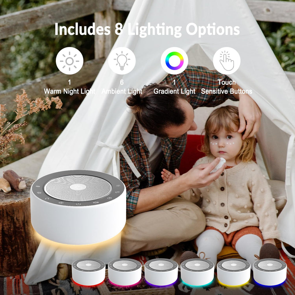 White Noise Machine with 30 High Fidelity Soundtracks, 7 Colors Night Lights, Full Touch Metal Grille and Buttons, Timer and Memory Features, Plug in, Sound Machine for Baby, Adults