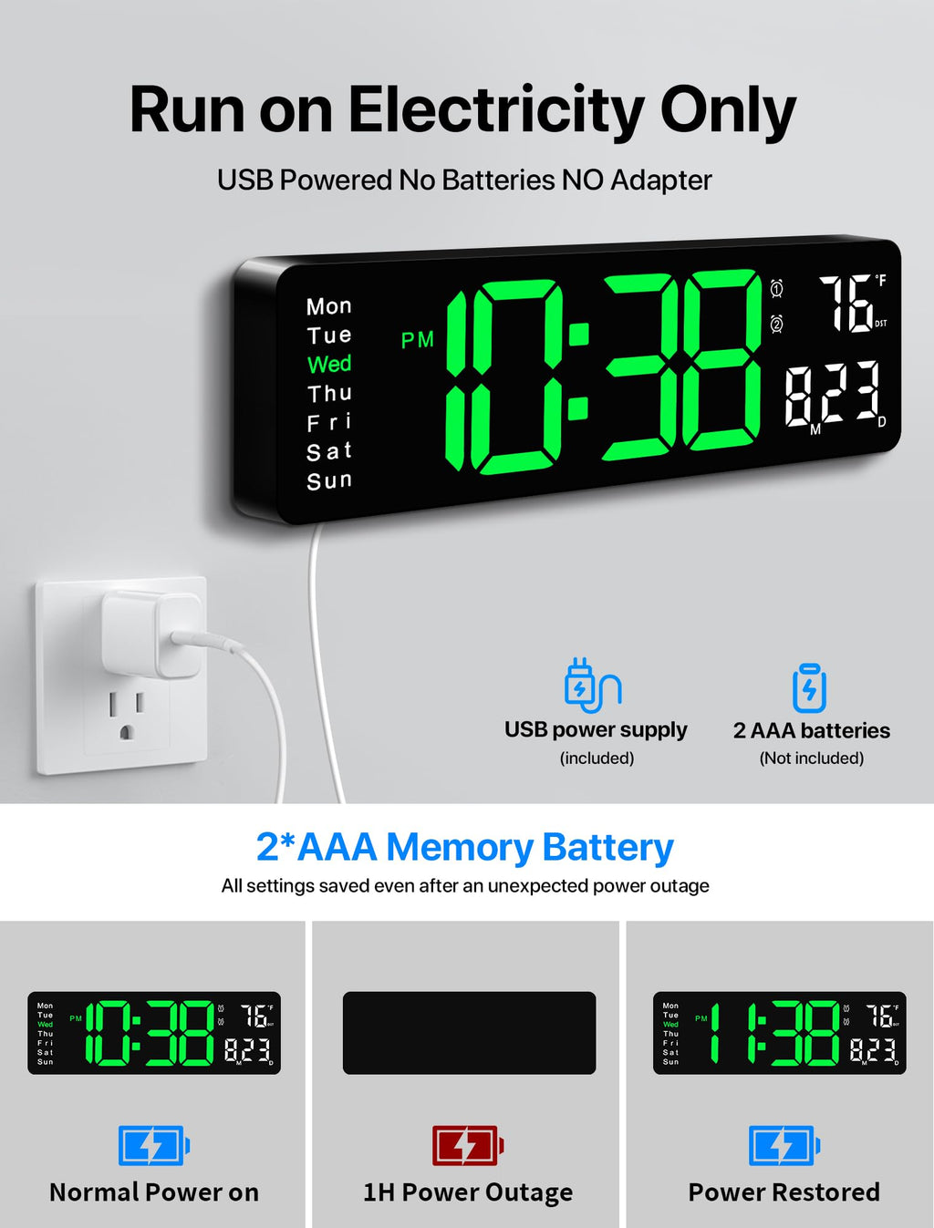 MASHI Digital Wall Clock, 17.3" Large Display Digital Clock with Remote Control, Auto-Dimming Wall Clock with Night Light, DST, Date Week,Temp for Living Room, Bedroom, Decor, Gift for Elderly