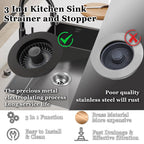 BAOLSLS 3 in 1 Kitchen Sink Stopper, Pop Up Kitchen Sink Drain Strainer, with an Extra Basket Strainer, Kitchen Sink Drain Stopper for US Standard 3-1/2 Inch, Brass Material Electroplate Black