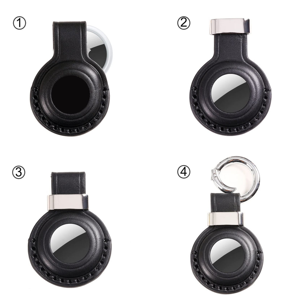 KEEPXYZ Genuine Leather Airtag Holder Suitable for Apple Airtag Keychain Leather, Secure Air Tag Holder with Stainless Steel Ring Lock, Durable Airtag Case Cover Key Ring - Black V2.0 (Hole)