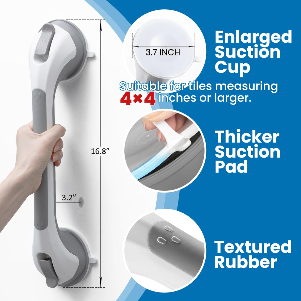 LEVERLOC Grab Bars for Bathtubs and Showers, 17inch Handicap Grab Bars with Two Suction Cups, Easy to Install & Remove Bathroom Shower Grab Bar for Seniors, Suction Shower Handle for The Elderly, Gray