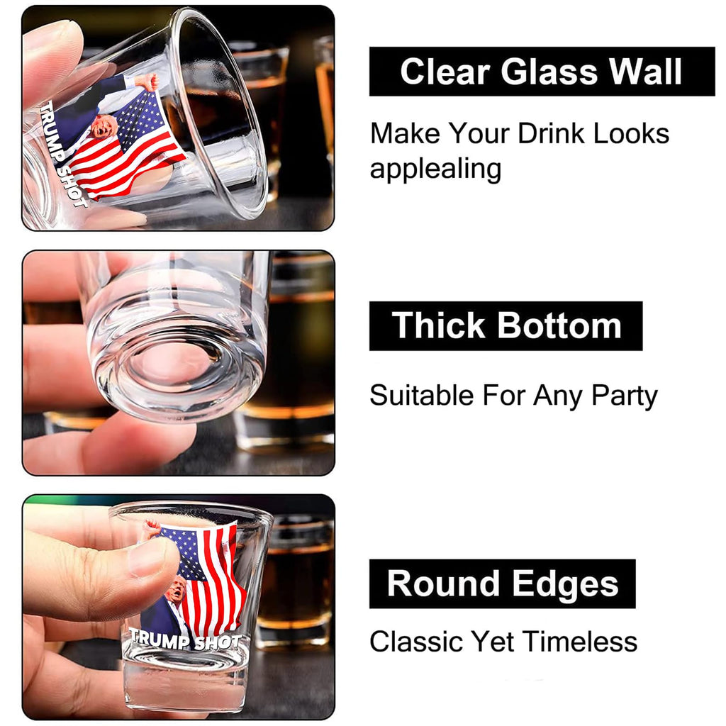 RWSEFK Trump Shot Glass - 4Pc Set with Assassination Picture & Fist Pump, Perfect for Political Enthusiasts, Collectible for Trump 2024 - Holds 1.70 oz, Exclusive Limited Edition Design