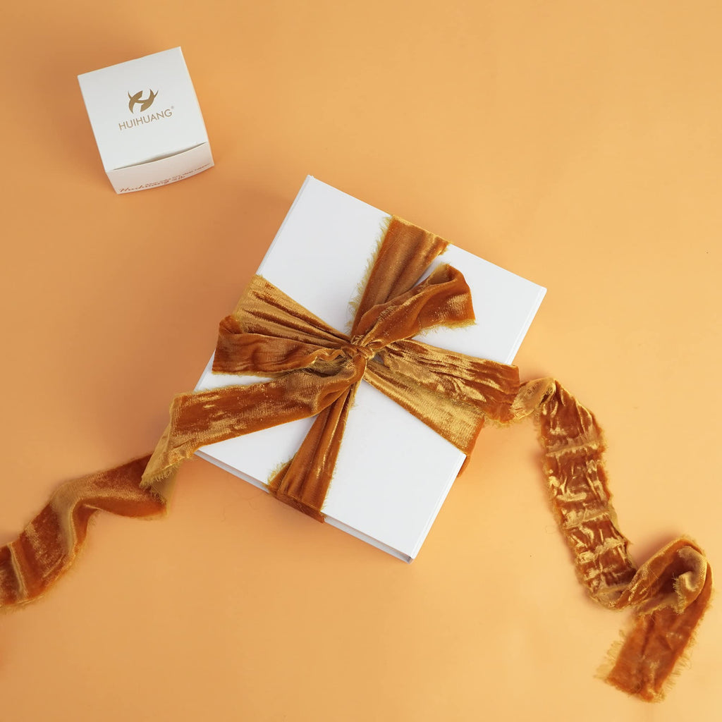 HUIHUANG Burnt Orange Velvet Ribbon 2 inch Handmade Frayed Silk Velvet Ribbon for Flower Bouquet, Gift Wrapping, Invitations, Holiday Christmas Decor, Wedding Fall Decor-3 Yards