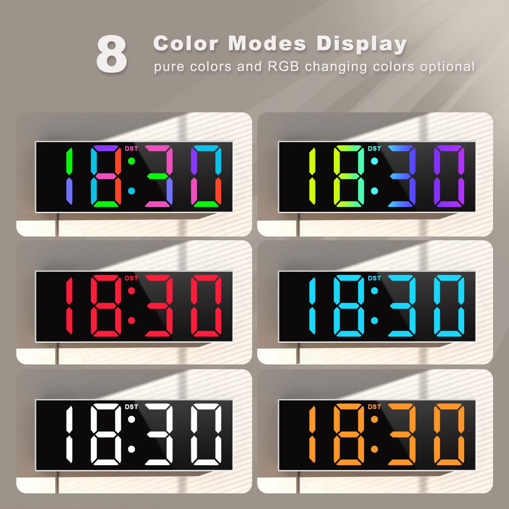 JALL 12'' Large Digital Wall Clock with Remote Control, Big LED Screen Dispaly, 8 RGB Colors, DST, Night Light for Living Room, Bedroom, Gift for Elderly (White)