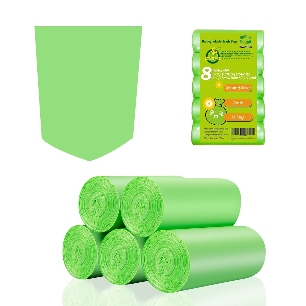 8 Gallon Trash Bags, Inwaysin Medium Garbage Bags, Budget-Friendly Replacement for Simple Human H/J/G Trash Bags, Compostable Toilet Bags, Shredder Bags, 30L(Clear Green, 20 Count (Pack of 5))
