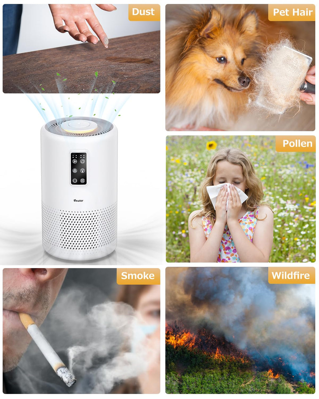 Air Purifiers for Home Large Room up to 1076ft², VEWIOR H13 True HEPA Air Purifier for Bedroom with night light, Fragrance Sponge, Sleep Mode, Timer, Lock, Air Cleaner for Wildfire Smoke Odor Dander