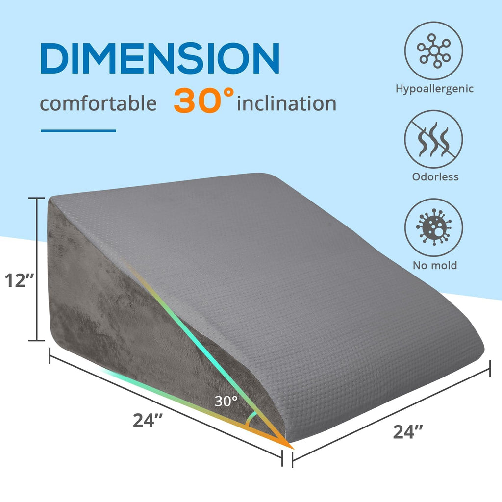 Sasttie Wedge Pillow, 12 Inch Memory Foam Bed Wedge Pillow for Sleeping, Acid Reflux, Back Pain, Post Surgery, and Snoring, Designed with Washable Cover, Solid Dark Gray