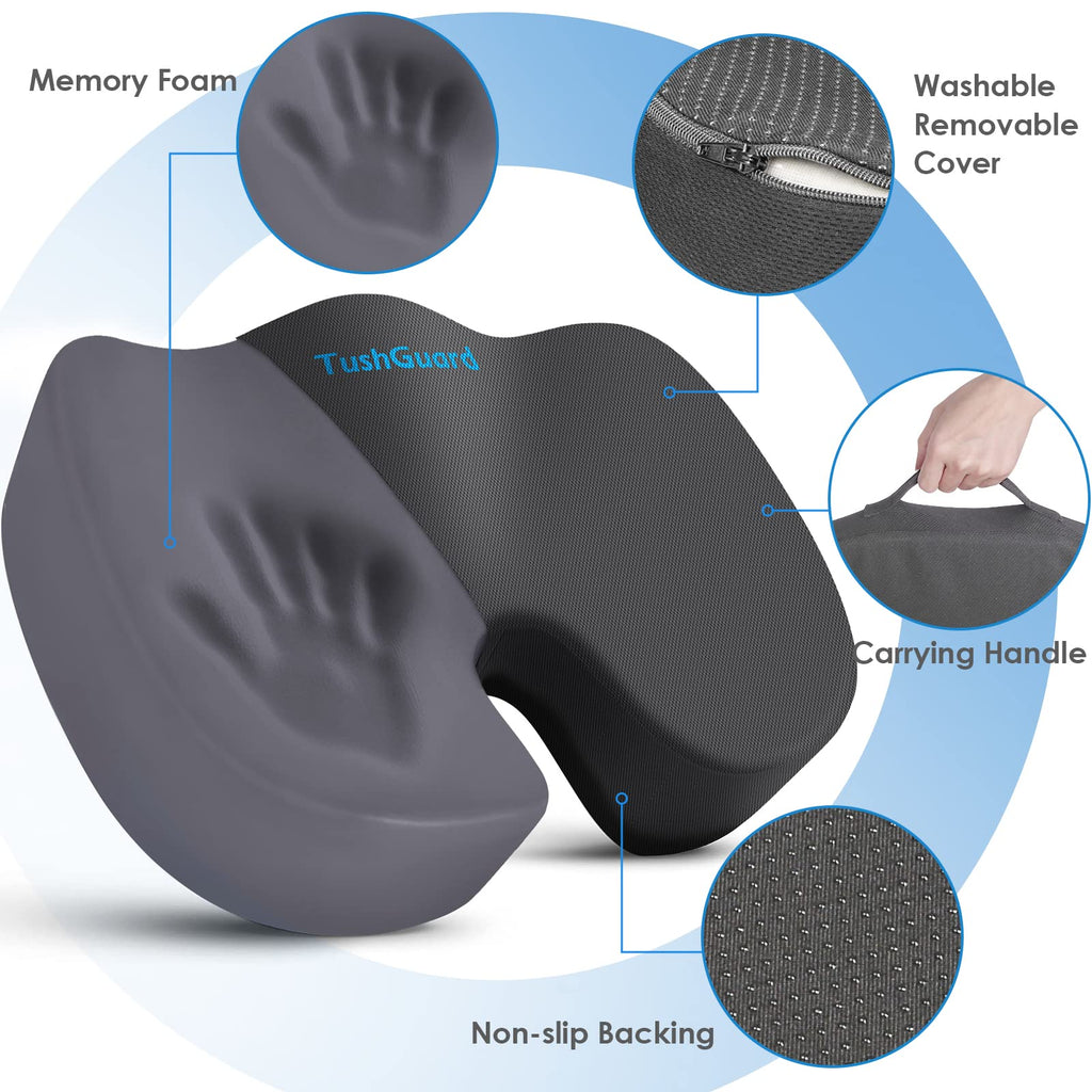 TushGuard Seat Cushion for Office Chair Memory Foam Non-Slip Cushion Back, Coccyx, Sciatica, Tailbone Pain Relief Butt Pillow for Office Chair, Car, Wheelchair, Grey, X-Large