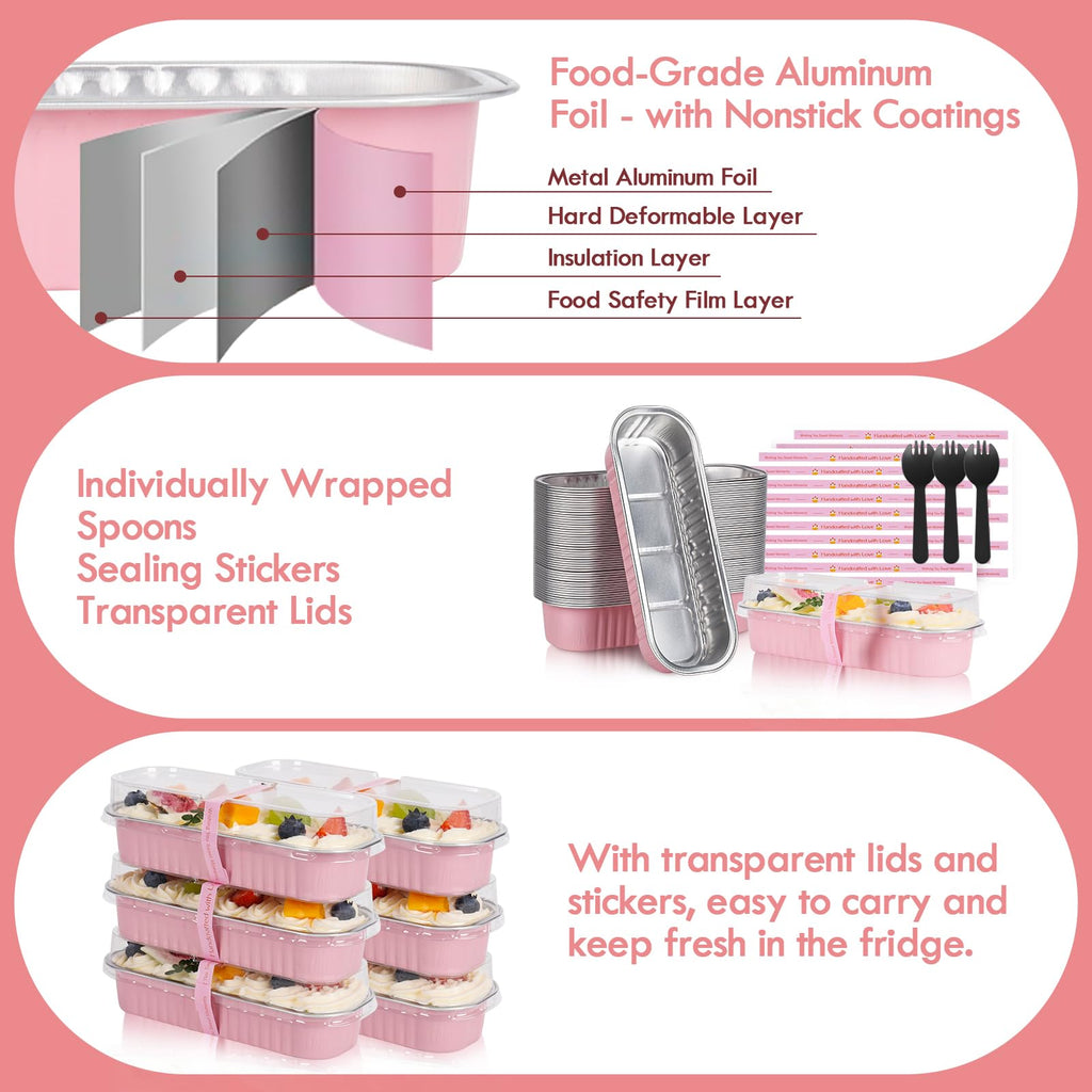 YQER 60 Pack Mini Loaf Pans with Lids and Spoons Sealing Sticker, 6.8oz Mini Cake Pans for Baking, Disposable Aluminum Foil Loaf Pans, Pink Loaf Baking Pans, Small Cake Containers With Lids