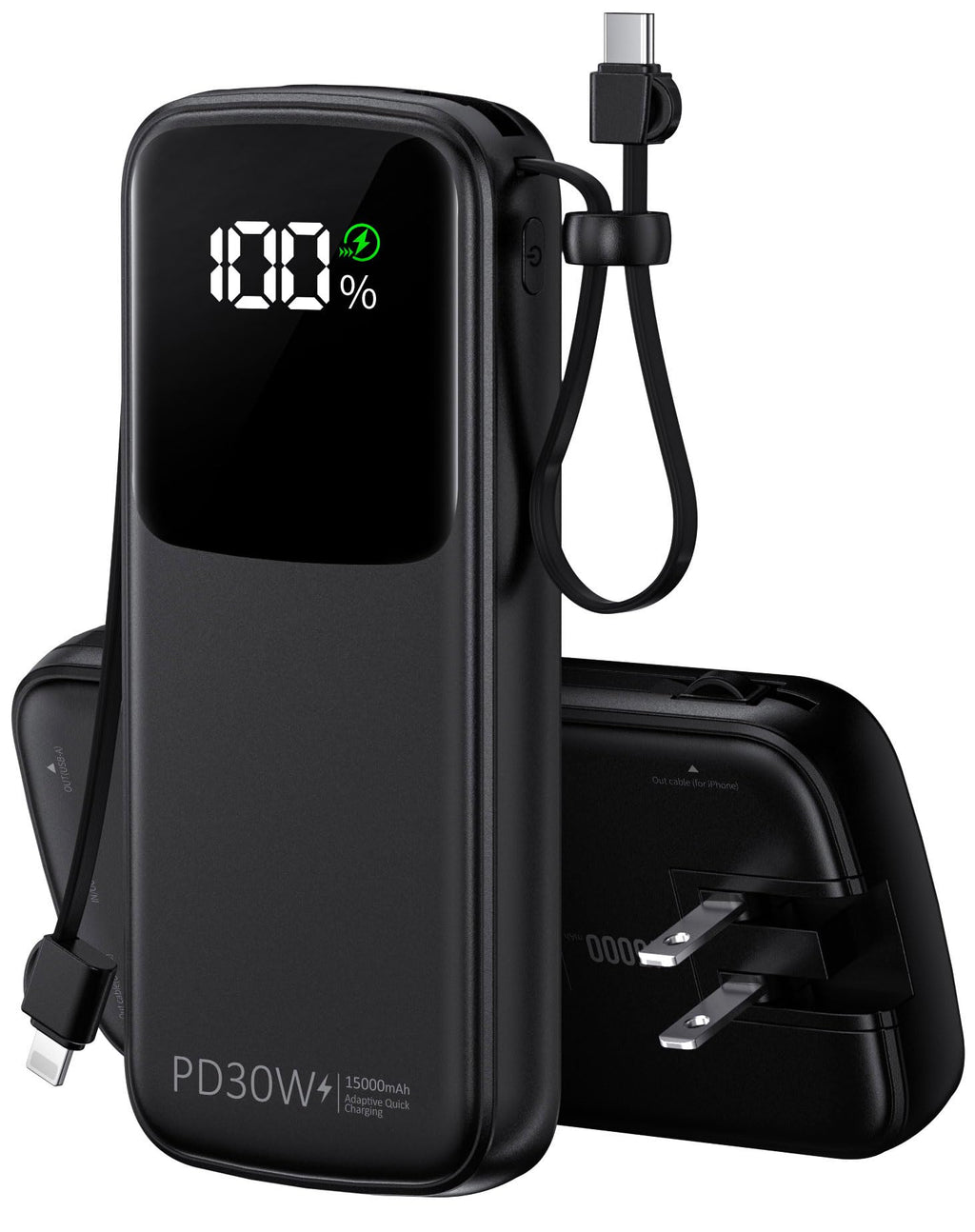 Portable Charger, Power Bank, 15000mAh Battery Pack Fast Charging Lightweight, Built-in AC Wall Plug and 2 Output Cables with LED Display for iPhone15 14 13 12 11 Samsung iPad etc(Deep Black)