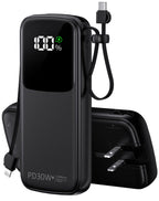Portable Charger, Power Bank, 15000mAh Battery Pack Fast Charging Lightweight, Built-in AC Wall Plug and 2 Output Cables with LED Display for iPhone15 14 13 12 11 Samsung iPad etc(Deep Black)