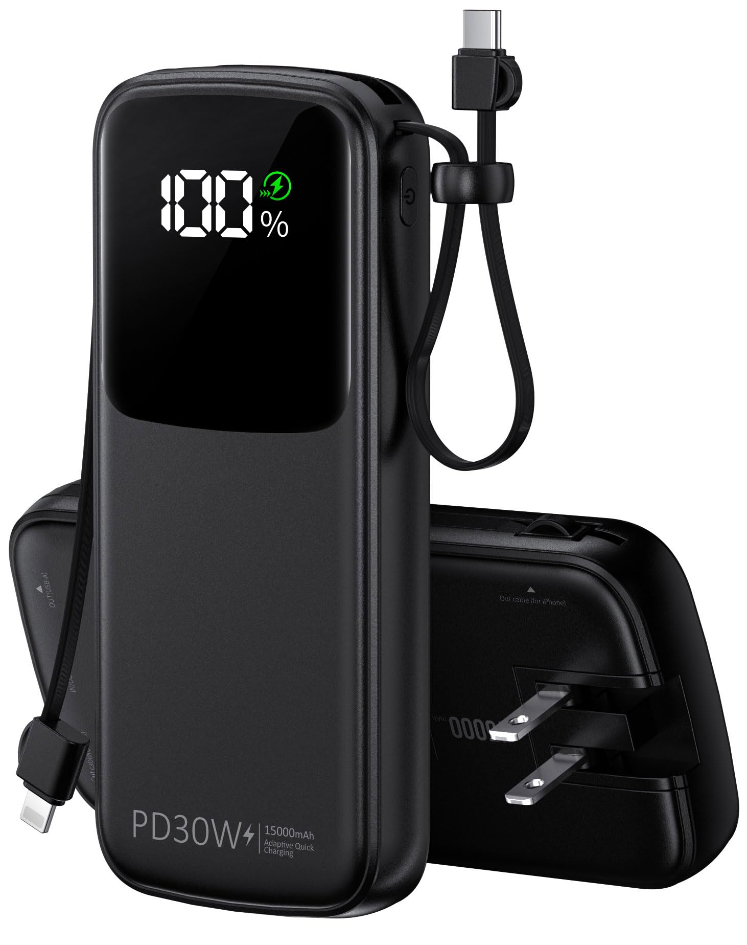 Portable Charger, Power Bank, 15000mAh Battery Pack Fast Charging Lightweight, Built-in AC Wall Plug and 2 Output Cables with LED Display for iPhone15 14 13 12 11 Samsung iPad etc(Deep Black)