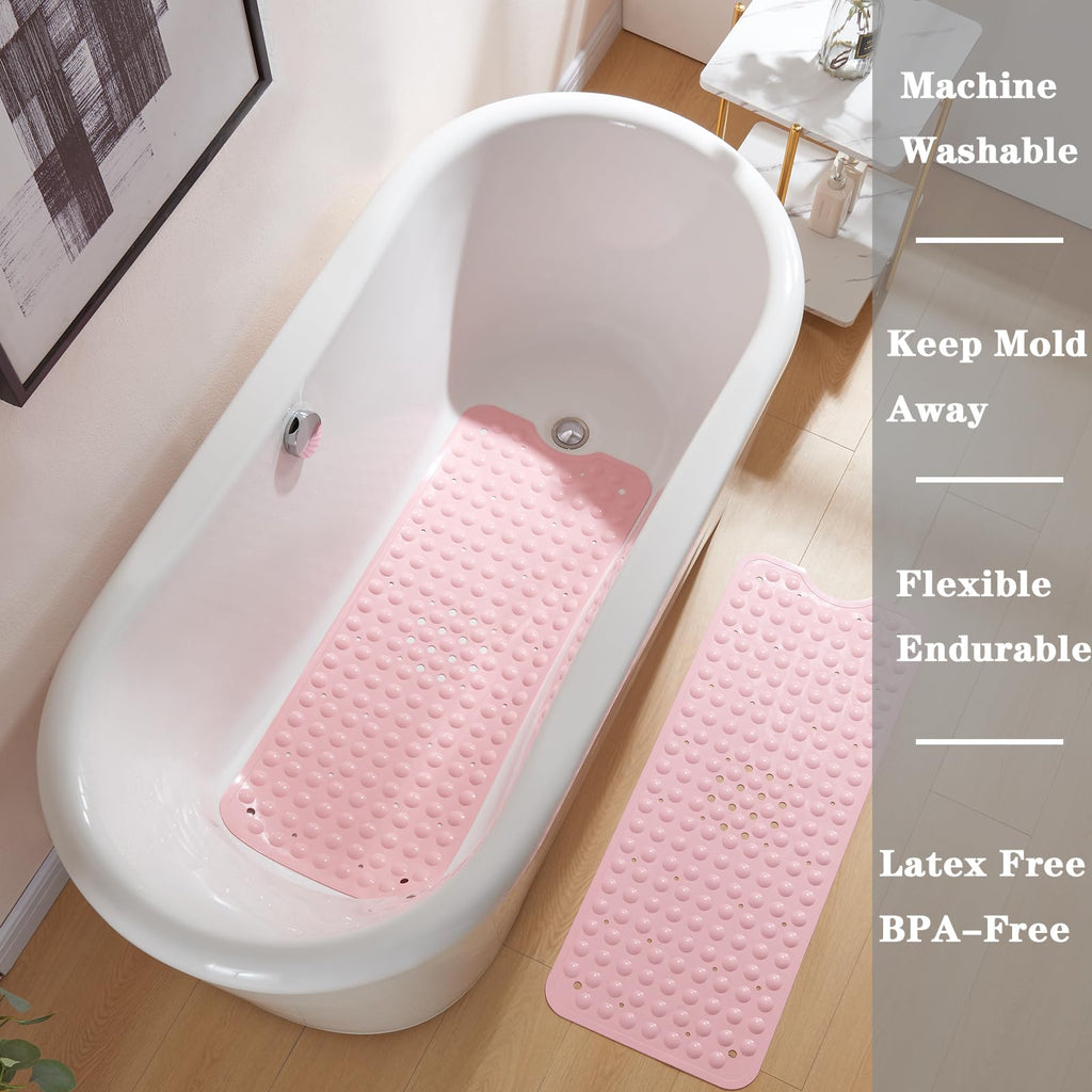 YANZIFLY Bathtub Mat for Shower: Soft Silicone 16X40 Inch Bath Mat Non Slip with Suction Cups Tub Mat for Bathroom for Kids Elderly Extra Large Shower matt Machine Washable - Pink