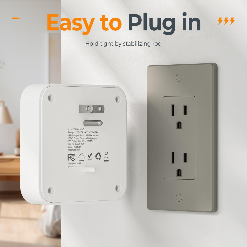 TESSAN Multi Plug Outlet Extender, Outlet Splitter with 3 USB (1 USB C Port) Wall Charger, Multiple Outlet Wall Plug, USB Outlet for Home, Bathroom, Office, Dorm Room Essentials, Gray