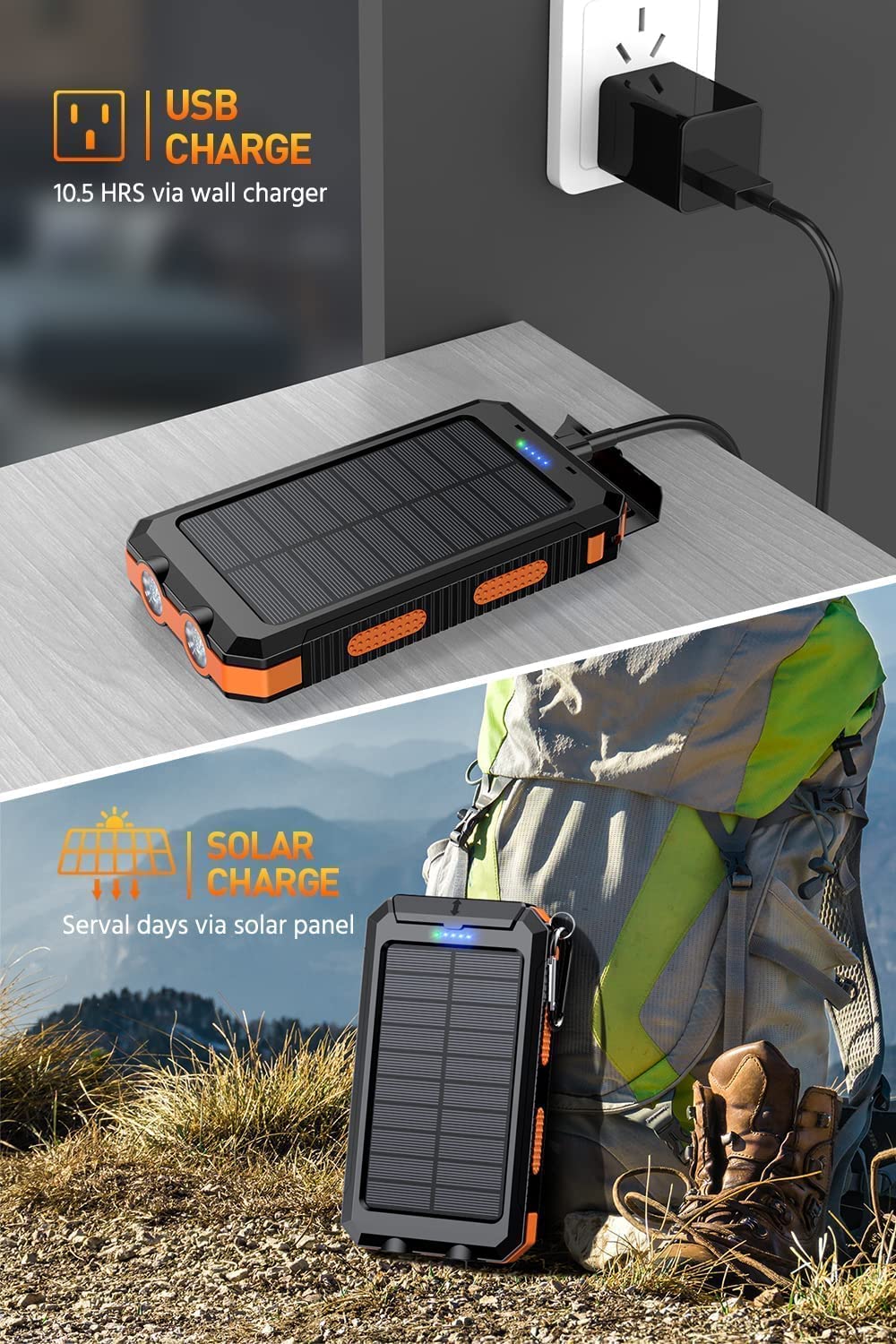 Mregb Power Bank,Solar Charger,36800mAh 5V3.1A QC 3.0 Dual 2 USB Port Built-in Powerful Flashlight IPX7 Waterproof Dustproof Shockproof(Orange)