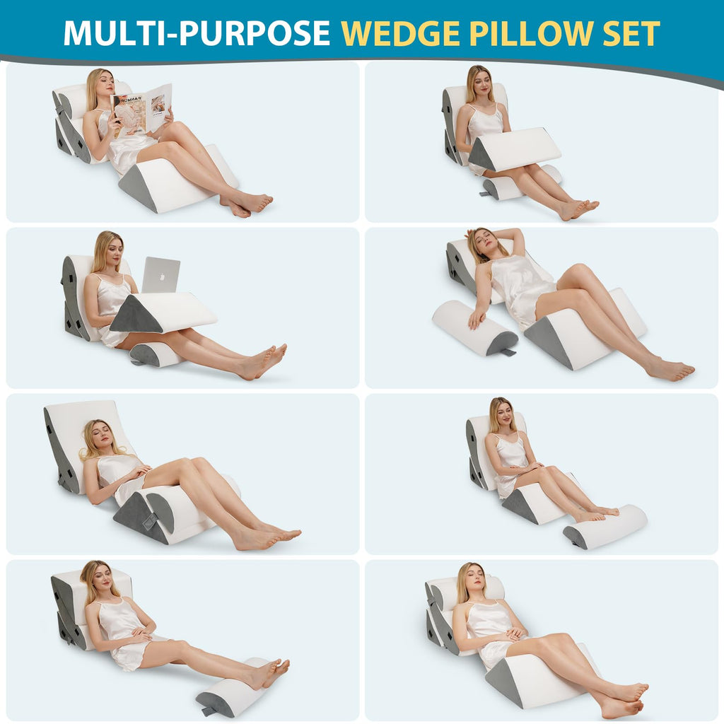 AAAini 4PCS Orthopedic Wedge Pillow Set,Wedge Pillow for Sleeping, Knee, Lumbar and Back Pain Relief,Adjustable Bed Pillow for Acid Reflux,Anti Snoring & GERD - White
