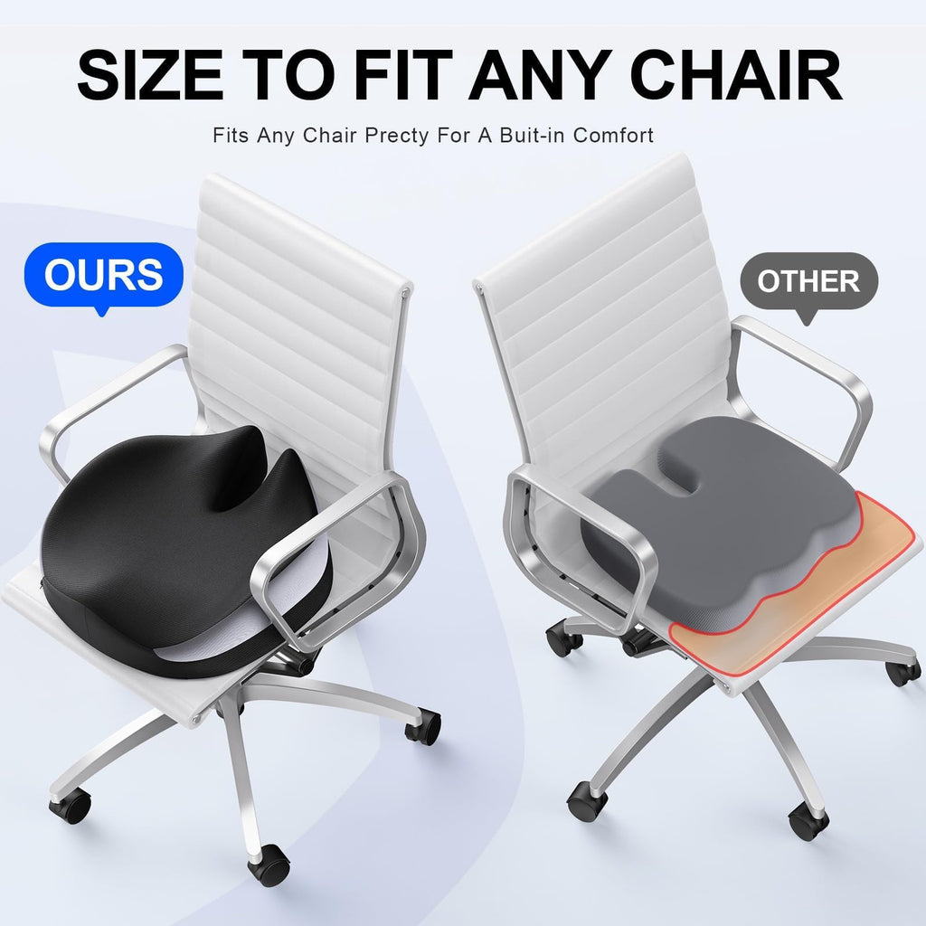 Benazcap Large Seat Cushion for Office Chair Memory Foam Coccyx Pain Relief Cushion Pillow for Back Support Non-Slip Seat Pad for Office Desk, Car Seat, Wheelchair, Sciatica-Black&Grey