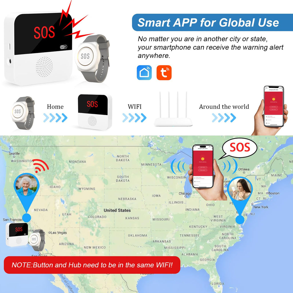 WiFi Caregiver Pager Call Button Life Alert Systems for Seniors No Monthly Fee Emergency Button for Elderly Patient Disabled 1 Alert Watch 1 Receiver(only Supports 2.4GHz & No Monthly Fee)