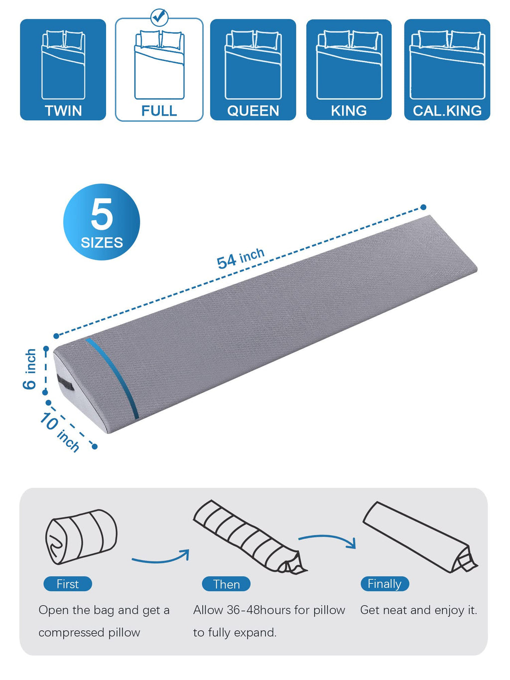 Moavica Full Size Bed Wedge Pillow for Headboard/Bed Gap Filler/Headboard Pillow/Mattress Wedge Close The Gap (0-8") with Memory Foam, Between Your Mattress and Headboard(Gray)