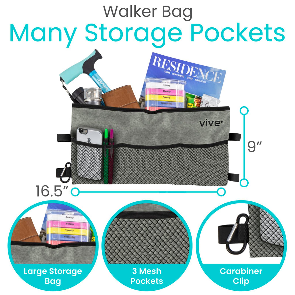 Vive Walker Bag - Accessories Wheelchair Basket Pouch (Water Resistant) - Seniors Caddy Accessory Attachment for Folding, Rolling Walkers - Carry Storage Carrier Tote - Lightweight, Universal Size