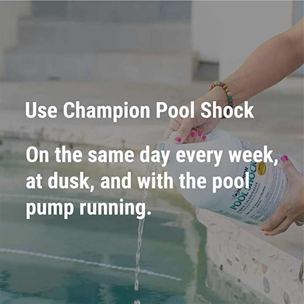 Champion 2-Pack Pool Shock, 12.5 Liquid Chlorinator for Swimming Pools, 1 Gallon Each - Fast-Acting Sodium Hypochlorite Sanitizer, Ready to Use, Non-Staining, Non-Scaling, Commercial Grade