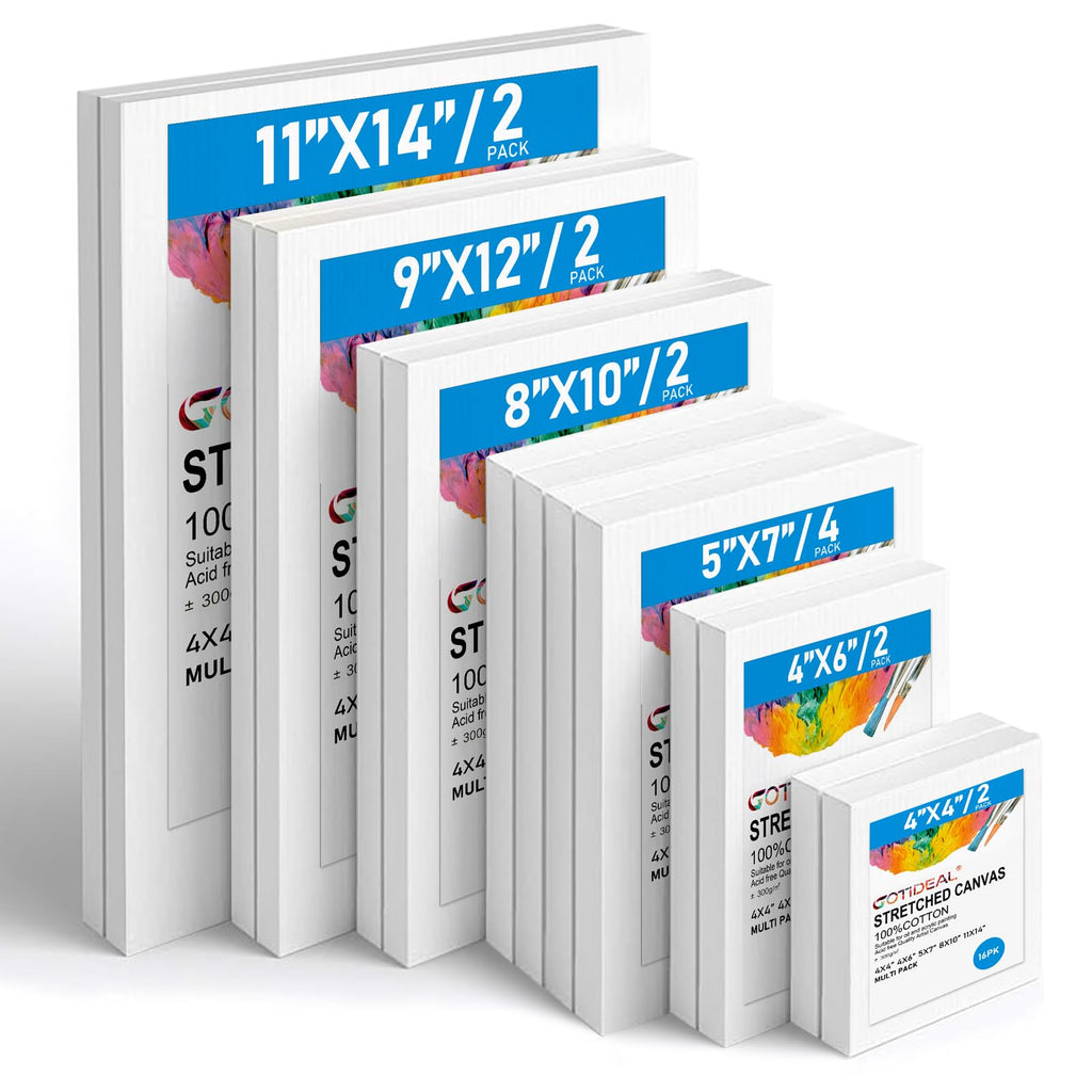 Gotideal Canvas for Painting, 14 Pcs Muti Pack Stretched Painting Canvas, Blank Paint Canvases for Acrylic, Oil, Art Supplies for Artists, Adults 4x4,4x6, 5x7, 8x10,9x12, 11x14 Set of 14