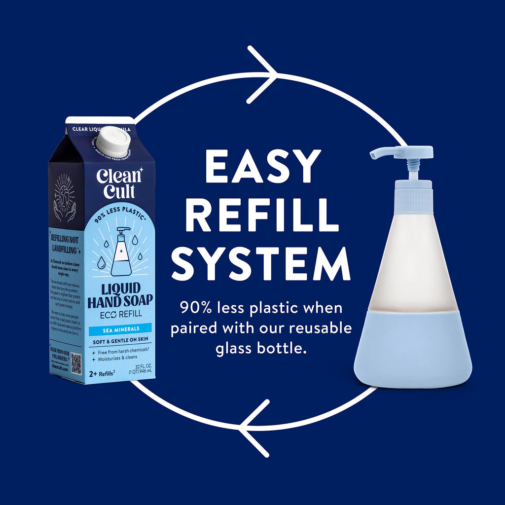 Cleancult Liquid Hand Soap Refills (32oz, 3 Pack) - Hand Soap that Nourishes & Moisturizes - Liquid Soap Free of Harsh Chemicals - Paper Based Eco Refill, Uses 90% Less Plastic - Sea Minerals