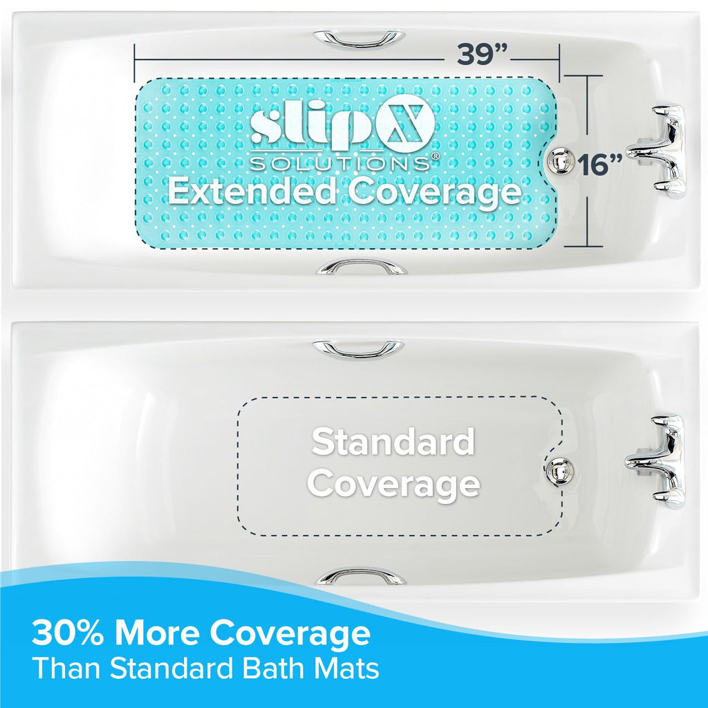 SlipX Solutions Power Grip Extra Long Bath Tub & Shower Mat 39x16, Wet Floor Non-Slip for Elderly & Kids Bathroom, 30% Longer Bathtub Mats, 200 Suction Cups, Drain Holes (1, Translucent Aqua)