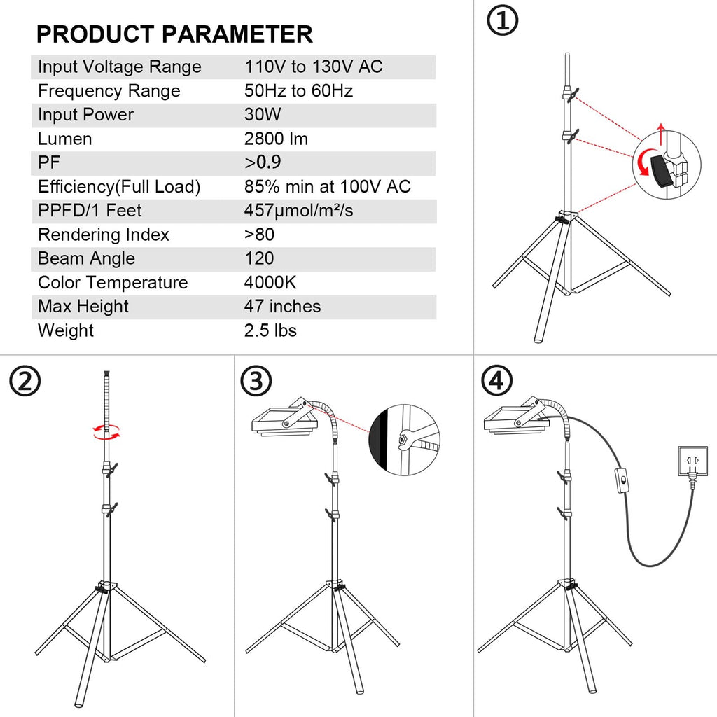 LBW Grow Light with Stand, Full Spectrum 150W LED Floor Plant Light for Indoor Plants, Grow Lamp with On/Off Switch, Adjustable Tripod Stand 15-48 inches