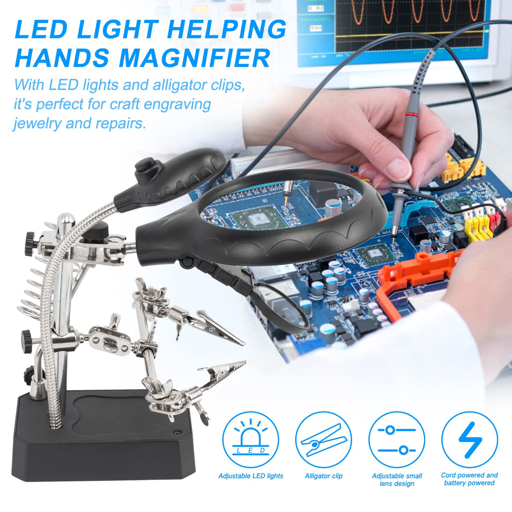AORAEM LED Light Helping Hands Magnifier Station,2.5X 7.5X 10X Magnifying Glass Soldering with Clamp and Alligator Clips Desktop Magnifer Stand for Craft Carving Jewelry