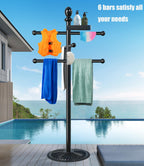 Pool Outdoor Towel Rack, Metal Heavy Duty Never Tilt Pool Accessories with Heavy Metal Base, 6 Bars Hot Tub Accessories Towel Dying Rack Towel Stand for Pool, Spa