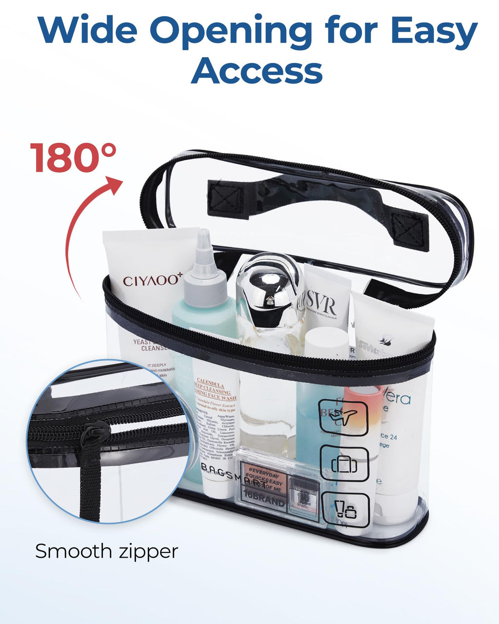 TSA Approved Toiletry Bag, 2 Pack Clear Makeup Cosmetic Bag Organizer, Quart Size Travel Bag for Toiletries, Carry-on Travel Accessories Essentials, Black-2pcs