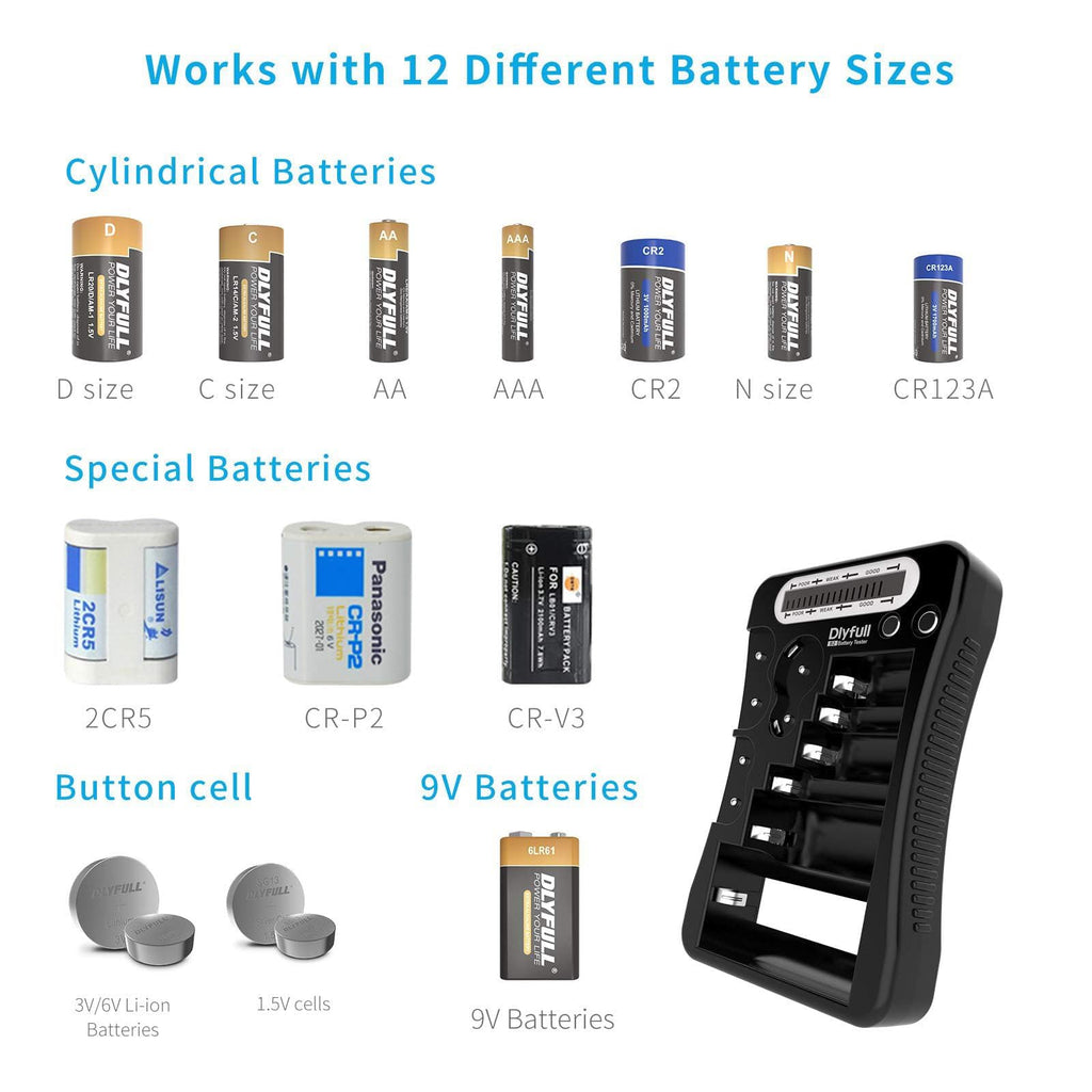 Dlyfull Battery Tester, LCD Display Universal Battery Checker for AA AAA C D 9V CR2032 CR123A CR2 CRV3 2CR5 CRP2 1.5V/3V Button Cell Batteries, 1x AAA Batteries Included