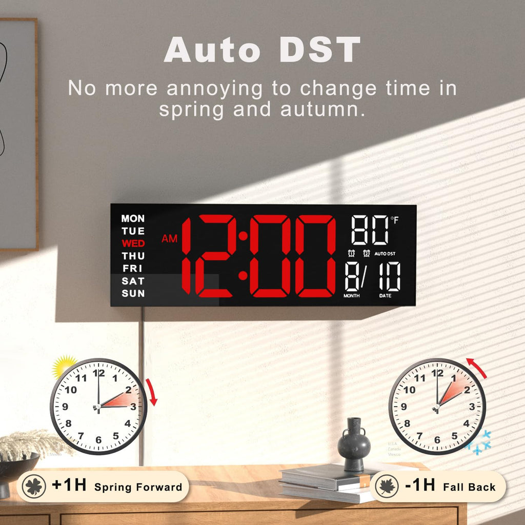 JALL 16" Large Digital Wall Clock Timer, Remote Controll, 2 Alarms, LED Display, 8 RGB Color, Auto DST, Temperature for Living Room, Bedroom, Desk, Mounted, Gift for Elderly (Red White, 16 inches)