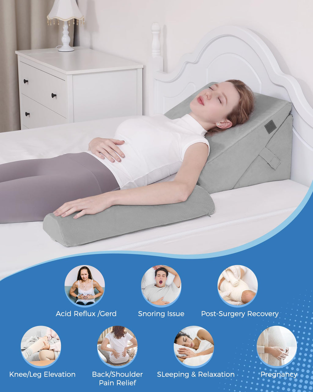 Lossey 3pcs Orthopedic Bed Wedge Pillow Set, Memory Foam Wedge Pillow for After Surgery, Adjustable Wedge Pillow with Half-Moon Bolster Pillow for Sleeping, Acid Reflux, Heartburn, Snoring