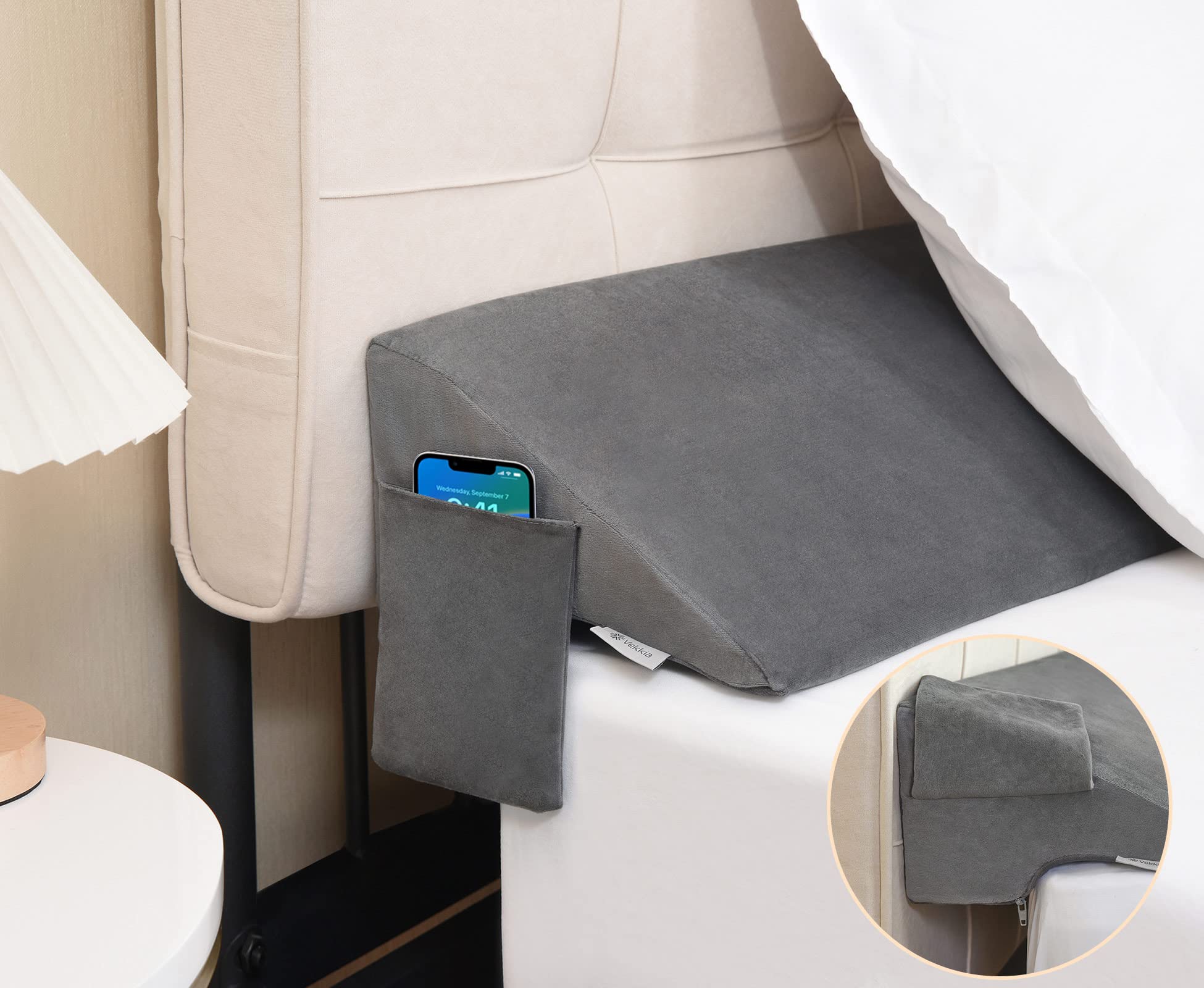 Vekkia Cal King Bed Wedge Pillow for Headboard Gap Filler(0-5"),High-Density Foam,Prevents Pillows & Items Loss,Ergonomic Design,Large Storage Pockets, Removable&Washable Cover,Gray,72''x10 x6