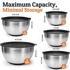 Priority Chef Stainless Steel Mixing Bowls with Lids Set, 3 Grater Attachments, Airtight Lids, Non-Slip Silicone Base Mixing Bowl Set, Large Prep Metal Mixing Bowls for Kitchen, Black