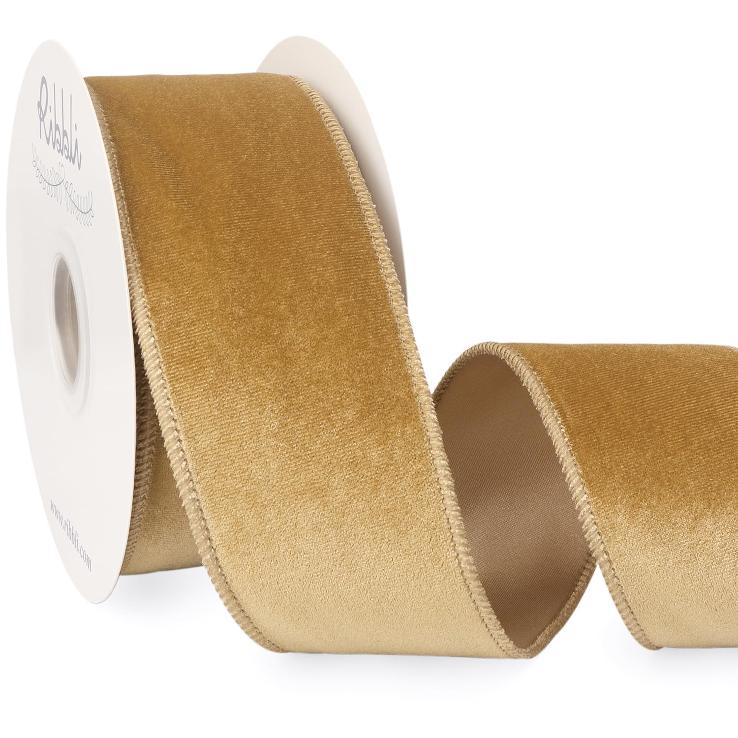 Ribbli Champagne Velvet Wired Ribbon 2.5 Inch Velvet with Satin Christmas Ribbon for Gift Wrapping Christmas Tree Decoration Crafts Wreaths Supplies-Continuous 10 Yards