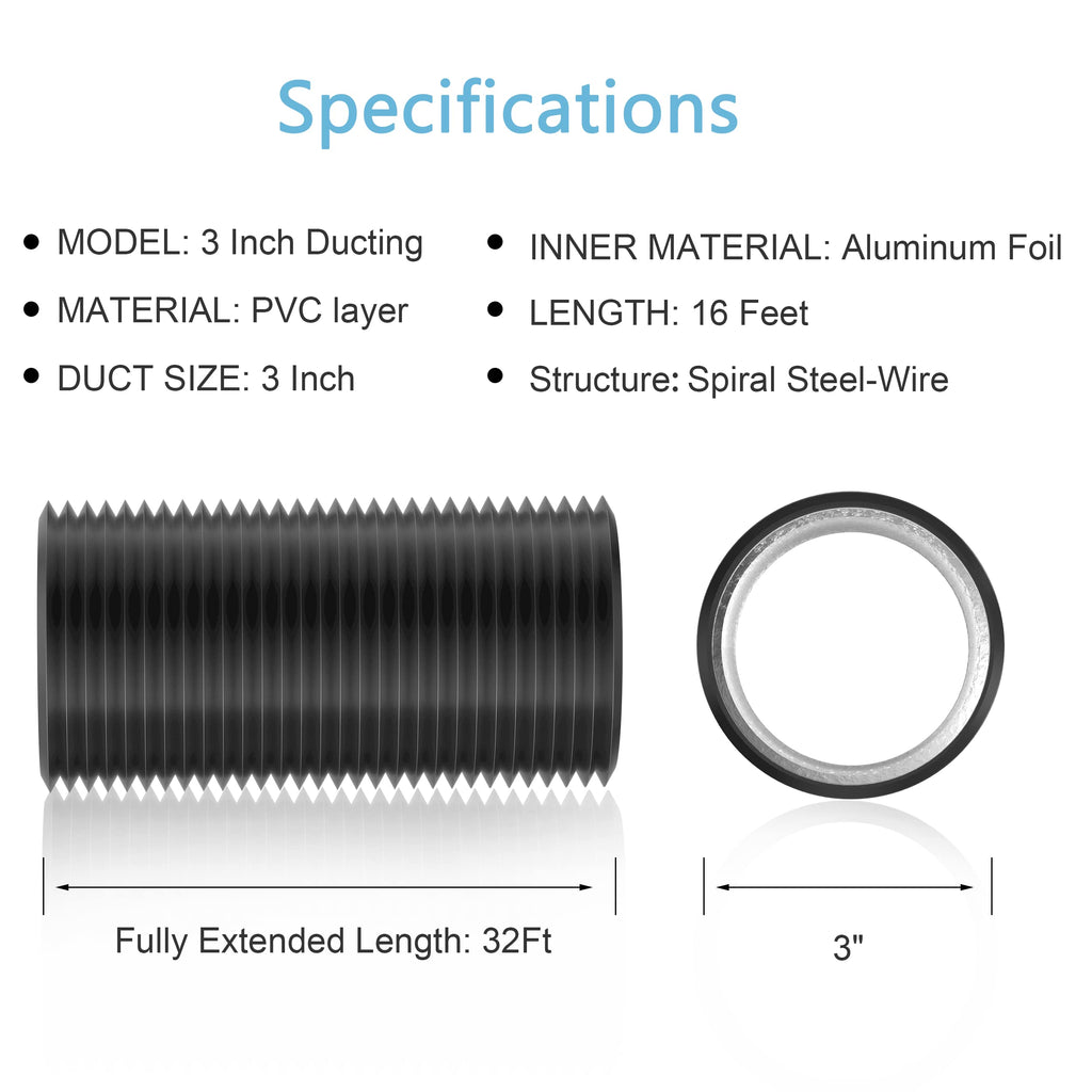 Hon&Guan 3 inch 16 FT Long Air Ducting, Heavy-Duty Four-Layer Protection Dryer Vent Hose for Heating Cooling Ventilation and Exhaust-with 2 Clamps, Black