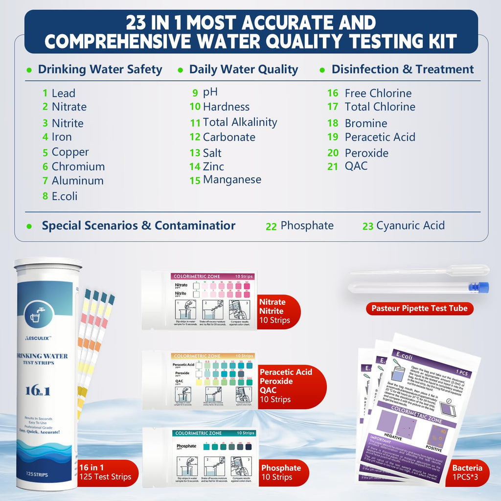 All-New 23 in 1 Drinking Water Testing Kit 158 Strips,Well Water Testing Kit & Water Test Strip for House Water for Hardness，Chlorine,Copper,Iron,Lead,pH and More